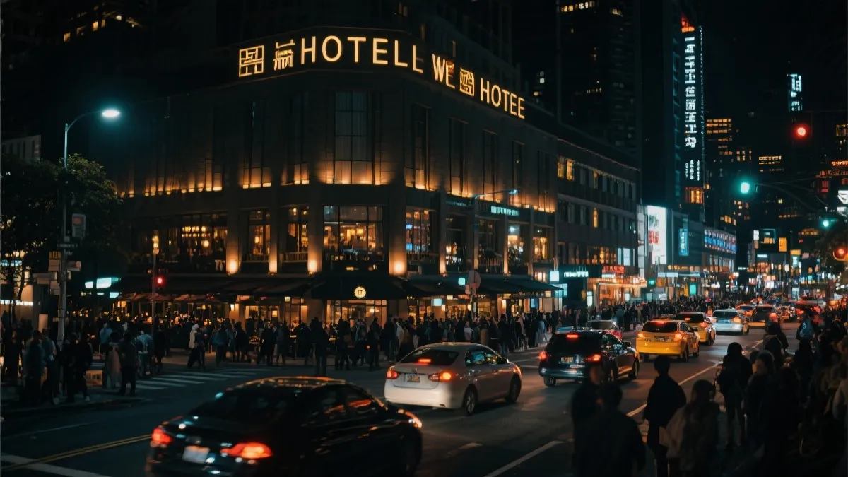 世界杯期间城市夜景与酒店餐饮灯火，人流与车流形成热度波峰的视觉隐喻